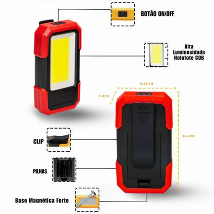 Luz de Trabalho LED Multiusos com Base Magnética e Clip, a Pilhas, 400LM COB