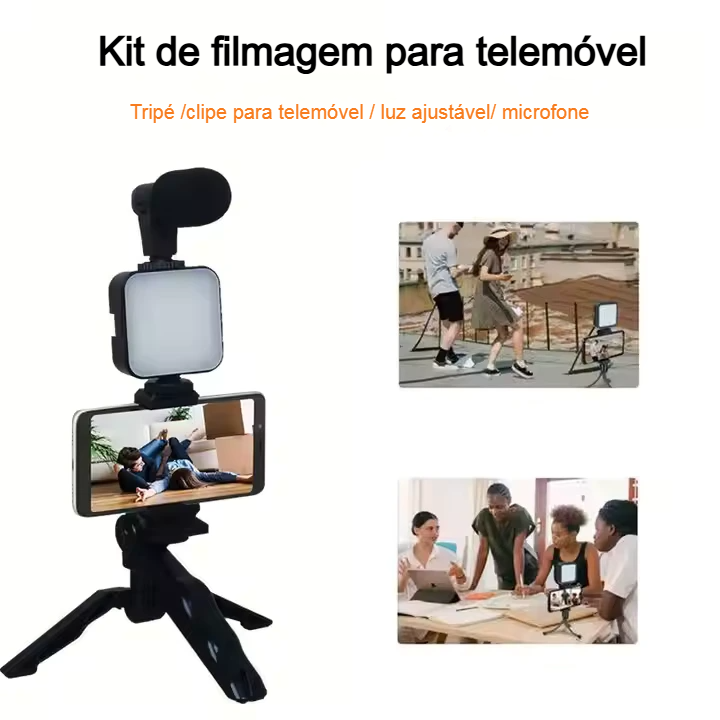 Kit de Filmagem com Luz LED e Microfone para Smartphone — Ideal para Criadores de Conteúdo e Vídeo