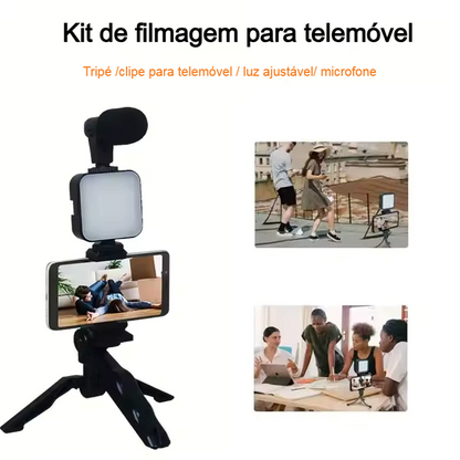 Kit de Filmagem com Luz LED e Microfone para Smartphone — Ideal para Criadores de Conteúdo e Vídeo